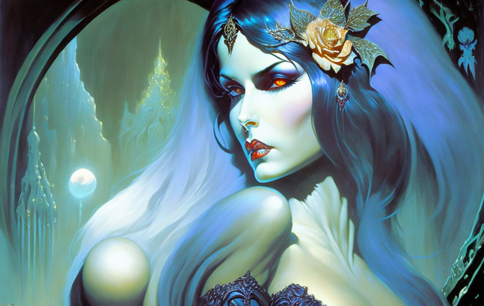 Blue-skinned woman with red eyes and white hair in golden floral headpiece at moonlit castle