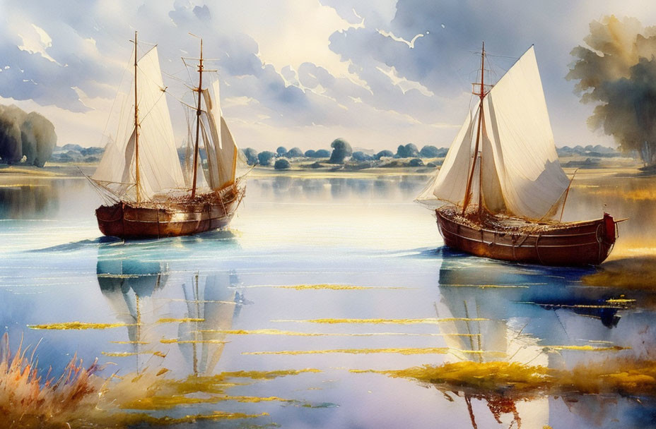 Two sailboats on calm waters with reflections in serene landscape.