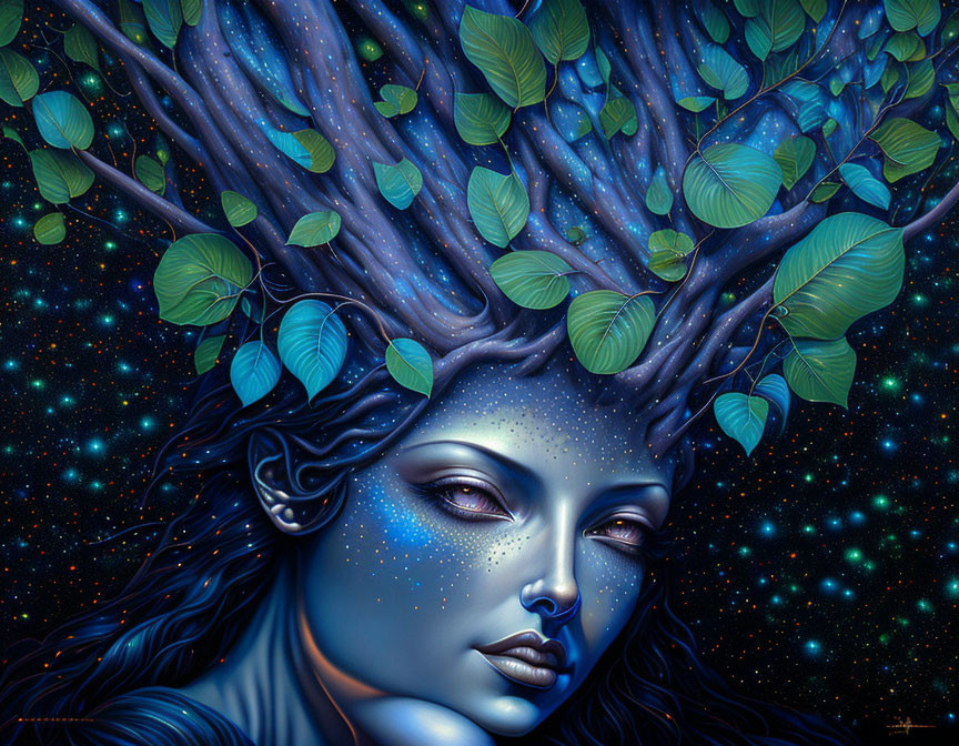 Woman with Tree Branches Hair in Starry Night Sky Artwork