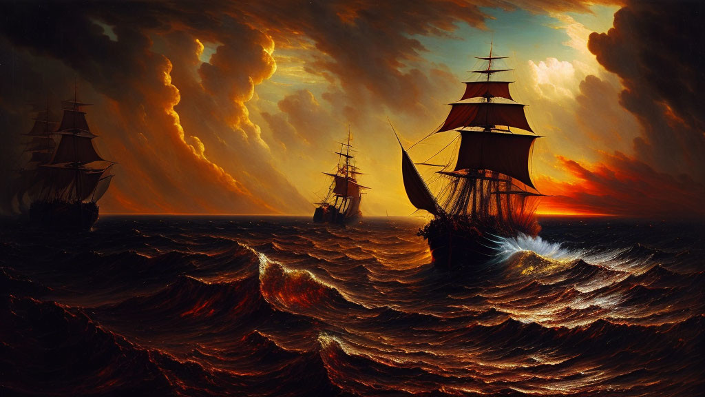 Sailing ships on tumultuous sea under dramatic sunset sky