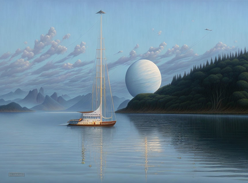 Tranquil landscape with sailboat, planet, mountains, and forest.