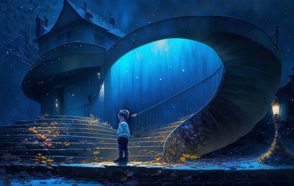 Child admires glowing nautilus shell at night with house and autumn leaves.