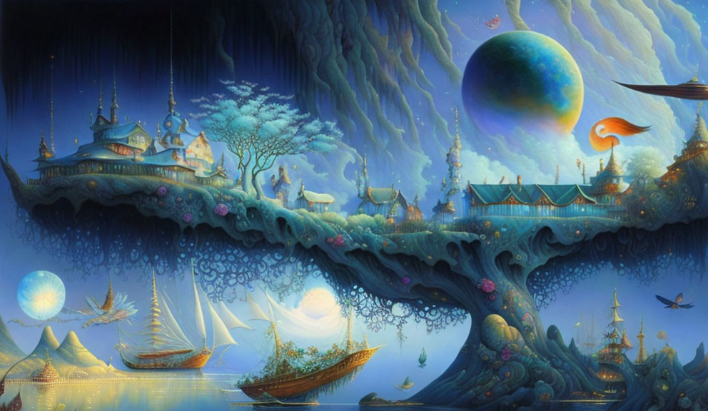 Fantasy landscape with floating islands and sky ships