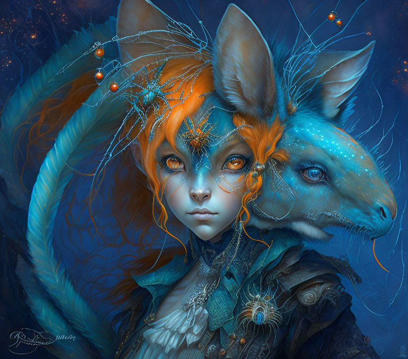 Fantastical portrait of female figure with human and fox-like features in blue and orange attire.