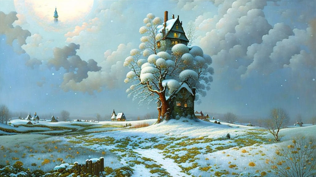 Snowy winter landscape with cottage in tree, church steeple in distance