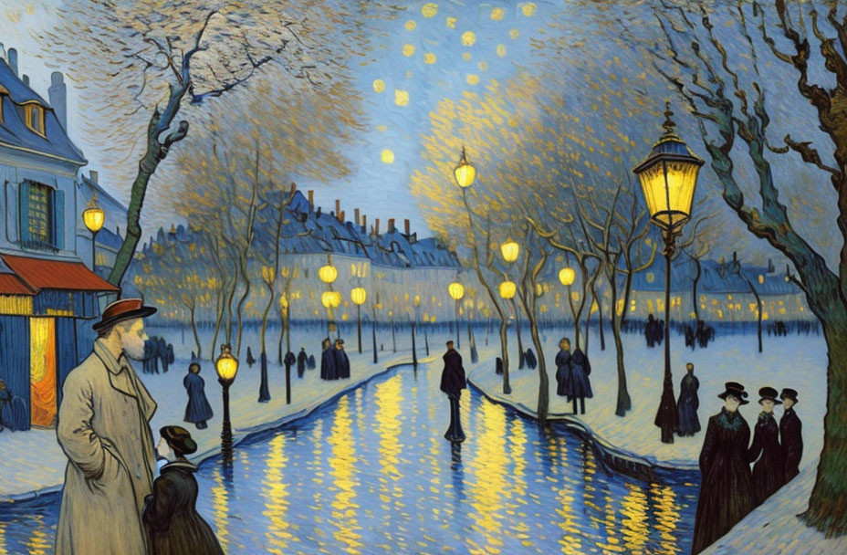 Starry Night Painting of Town with Glowing Street Lamps