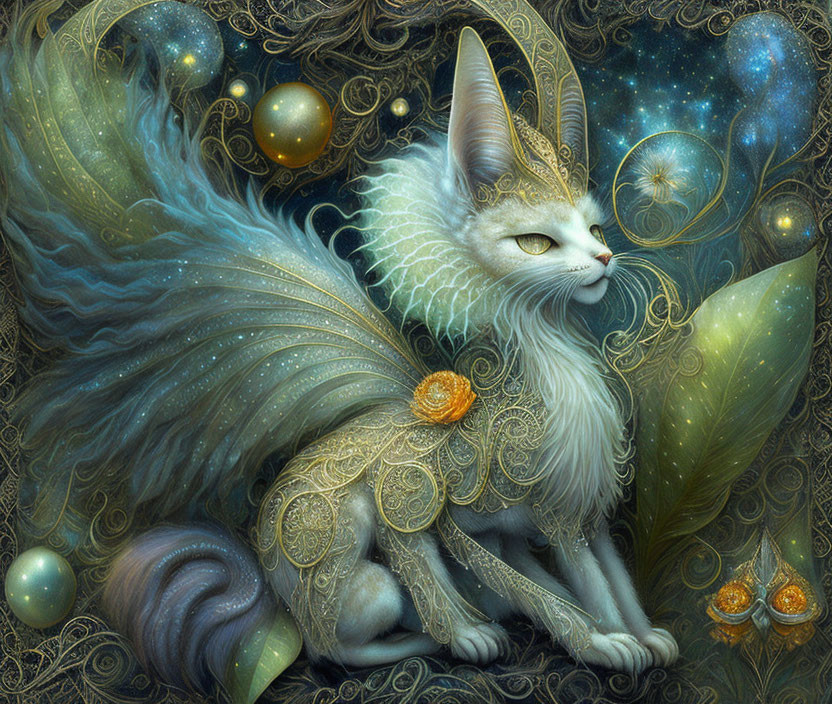 Majestic cat with celestial motifs and golden orbs on starry backdrop