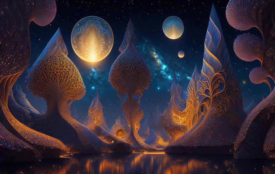 Whimsical nightscape with ornate trees and celestial reflections