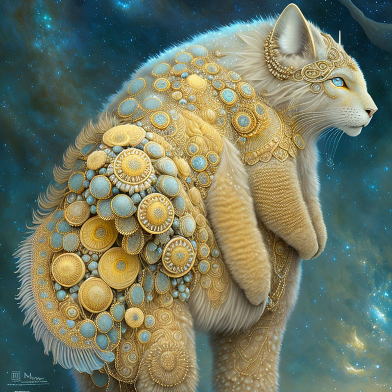 Stylized fox with golden patterns and jewels on fur against starry backdrop