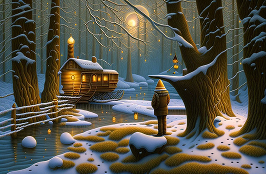 Snowy log cabin in enchanted forest with glowing lanterns