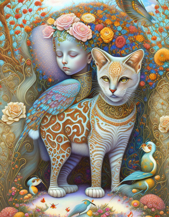 Surreal painting: Winged child embraces ornately patterned cat