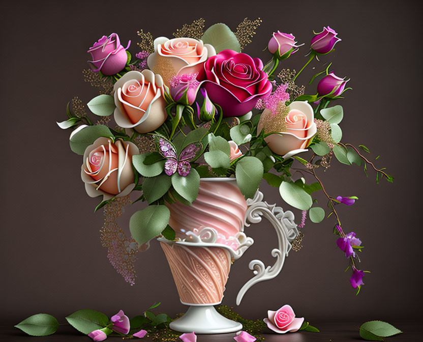 Pink and Cream Rose Bouquet with Butterfly in White Peach Vase