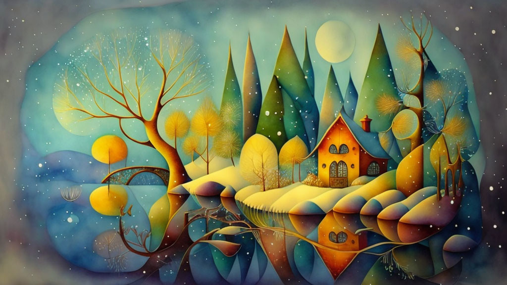 Colorful Stylized Landscape with Cozy House and River