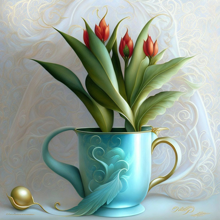 Red tulips in teal teacup with gold accents on cream background