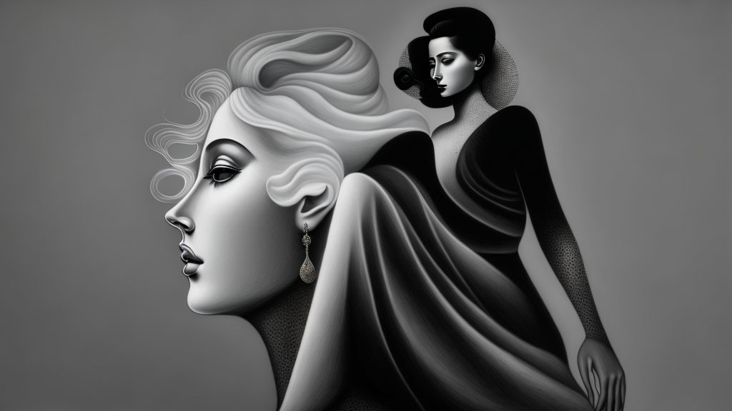 Monochromatic artistic illustration of two stylized women with elegant features and intricate hairstyles on gray background