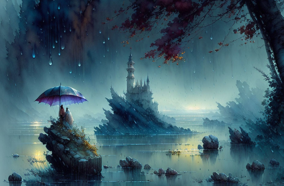 Tranquil rainy lake scene with umbrella holder, distant castle, misty woods, vibrant foliage