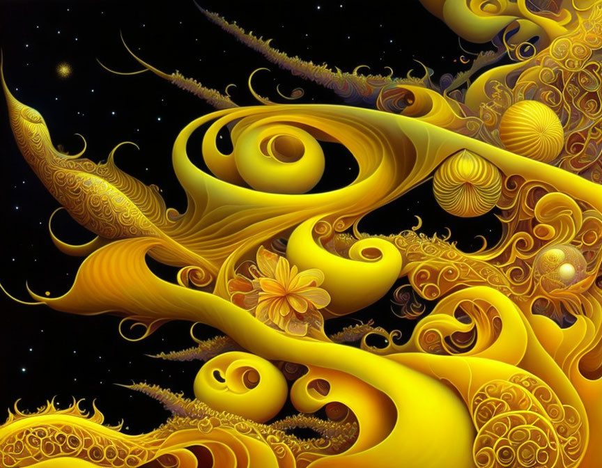 Vibrant digital artwork: swirling golden patterns, celestial bodies, intricate designs.