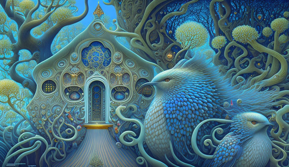 Fantastical treehouse with ornate details and bird-like creatures in intricate forest
