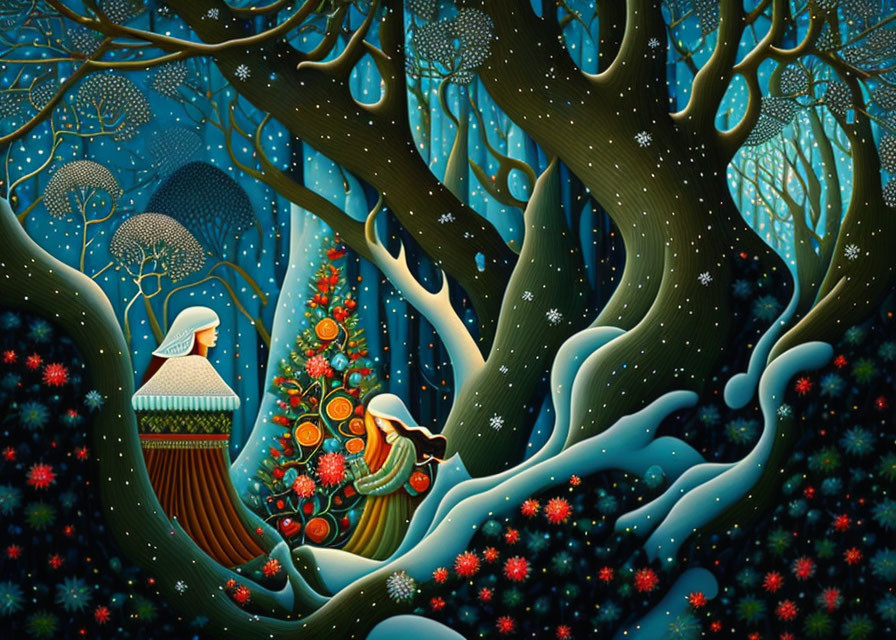 Snowy Night Painting with Traditional Figures and Enchanted Forest