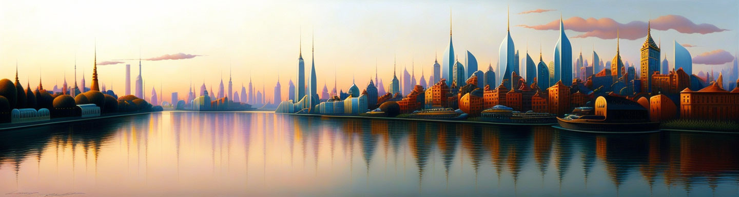 Futuristic cityscape panoramic view at sunset with tall spires and domes