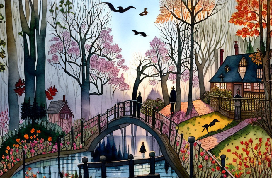 Colorful Cottage by River with Bridge, Trees, Cat, and Birds at Dusk