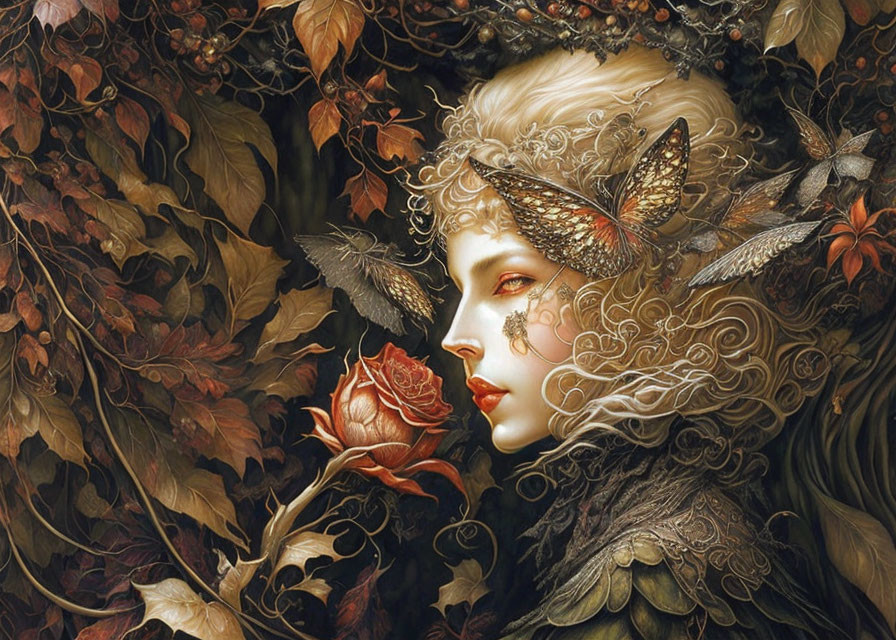 Fantasy artwork of woman with fairytale features, autumn leaves, rose, and moth.