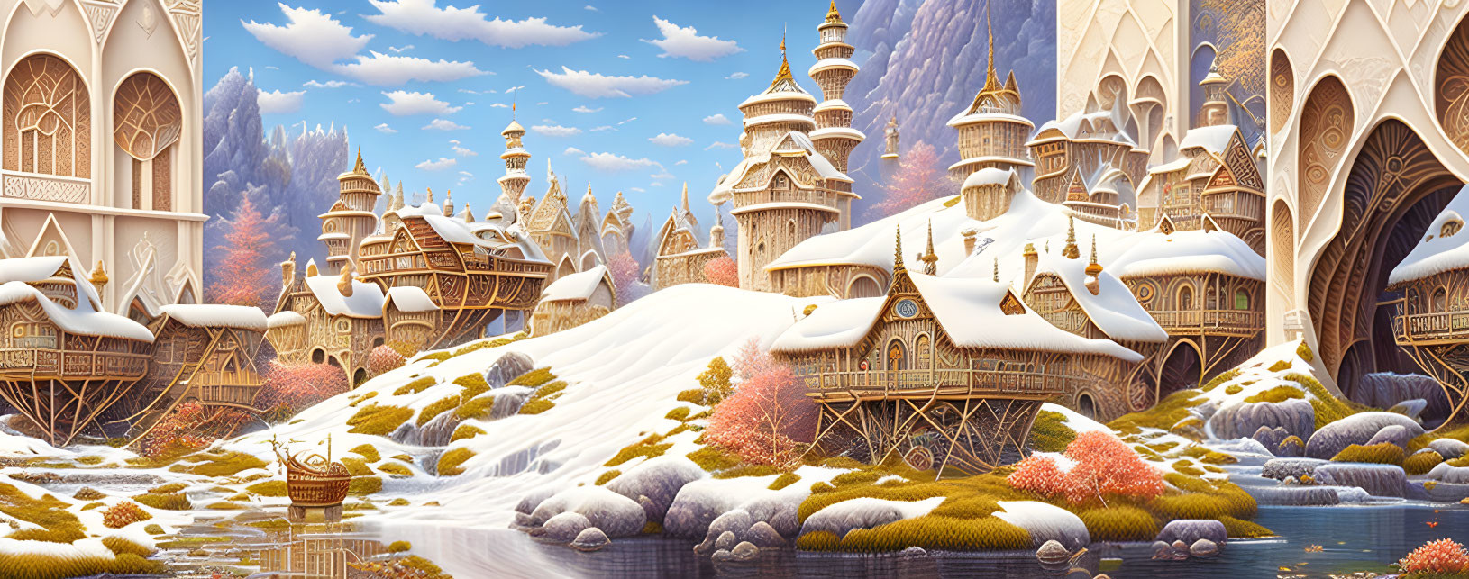 Snow-covered castles, arched bridges, pink trees in fantasy landscape