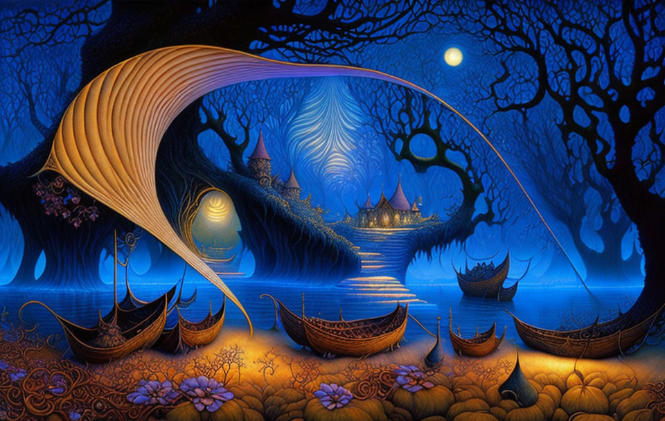 Moonlit Fantasy Landscape with Arched Bridge, Ornate Boats, and Glowing Castles