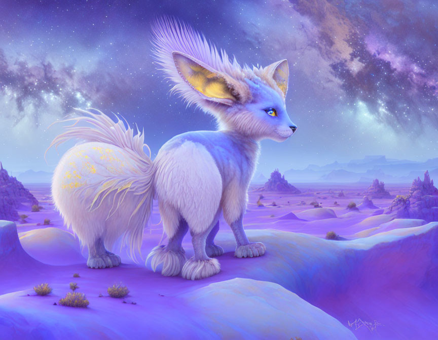 Purple Fox-Cat Creature on Alien Landscape Under Starry Sky