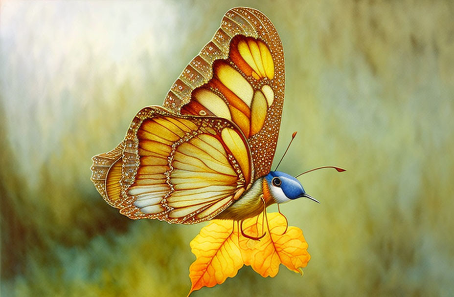 Colorful Butterfly with Orange-Yellow Wings on Yellow Leaf