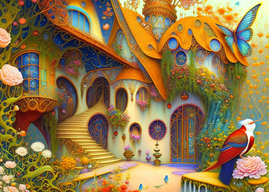 Colorful fantasy illustration of whimsical house with lush flora and exotic animals