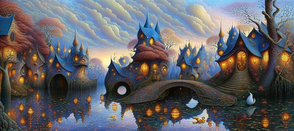 Fantasy landscape at twilight: cobalt-blue mushroom houses, serene river, ducks, sinuous tree