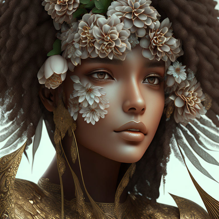 Detailed digital artwork of woman in floral headdress & gold jewelry.