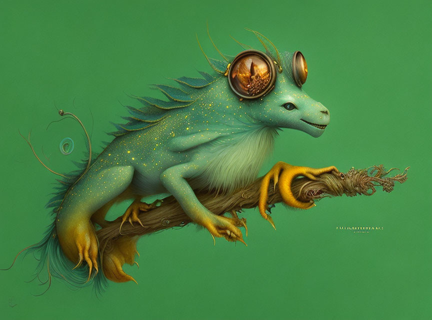 Fantastical lizard-like creature with avian features on branch with steampunk goggles.