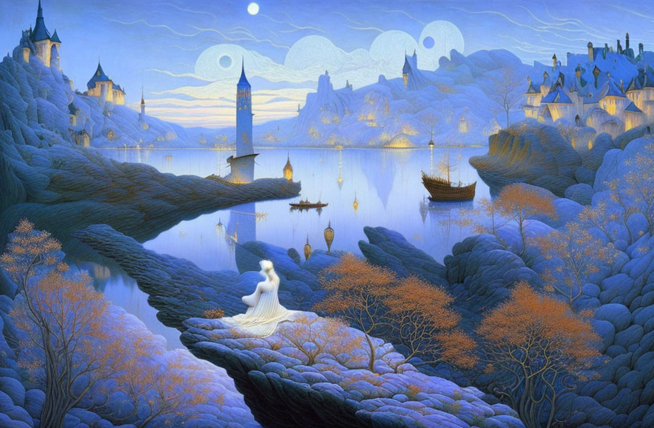 Tranquil fantasy night landscape with woman, castles, lake, boats, moonlit sky