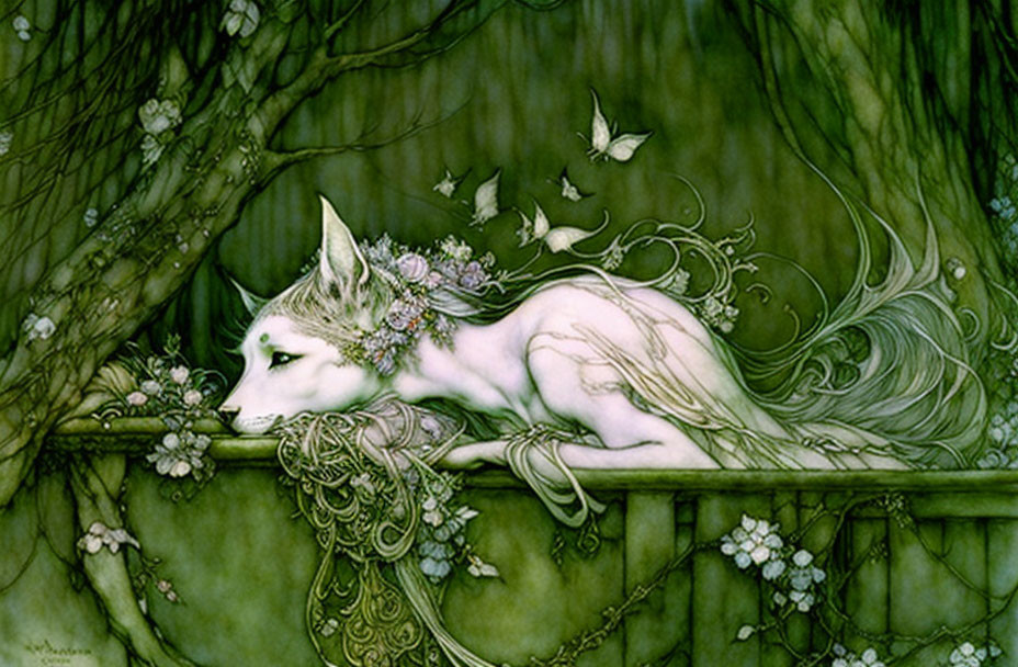 White wolf with ornate markings resting on floral ledge amidst butterflies and greenery