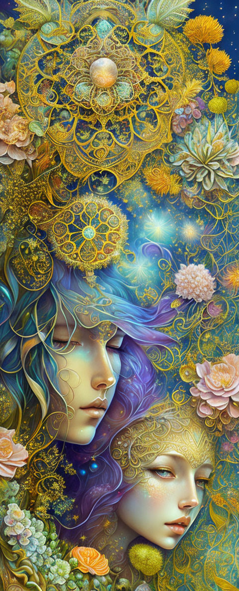 Colorful artwork featuring serene faces among intricate gold patterns and celestial motifs.