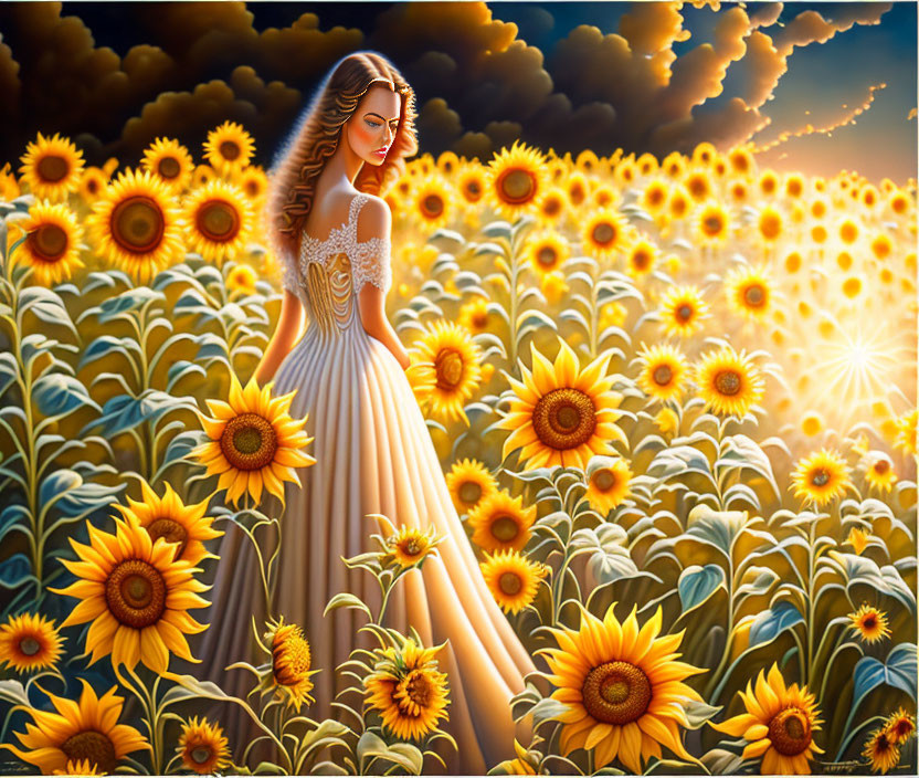 Woman in flowing dress surrounded by sunflowers under golden sunlight