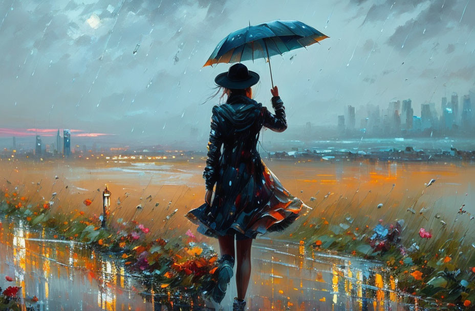 Person with umbrella admiring cityscape over rain-kissed field of colorful flowers under moody sky