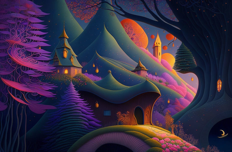 Colorful Fantasy Landscape with Rolling Hills and Whimsical Buildings