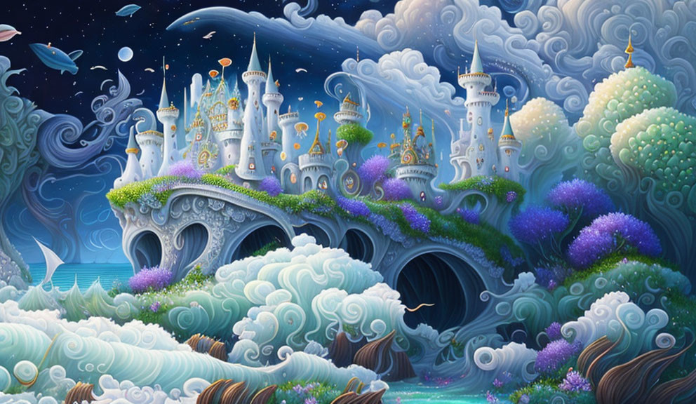 Fantasy castle with golden domes in swirling clouds and lush landscape