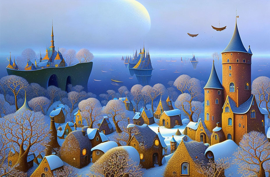 Snowy Winter Scene: Storybook Castles, Ships, and Starry Sky