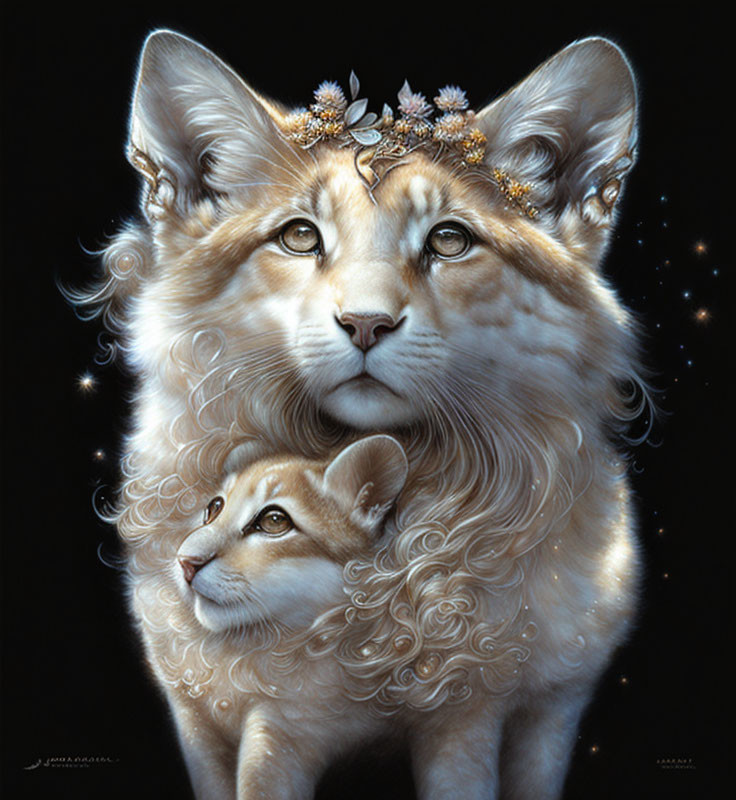 Digital painting of two wild cats with starry fur and floral crown, featuring human-like gentle expressions.