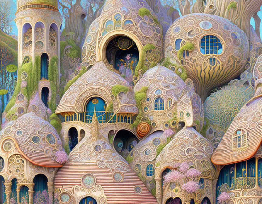 Colorful Illustration: Fantastical Treehouse Village with Organic Designs