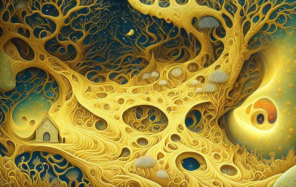 Surreal landscape with golden swirls, cosmic elements, and whimsical houses