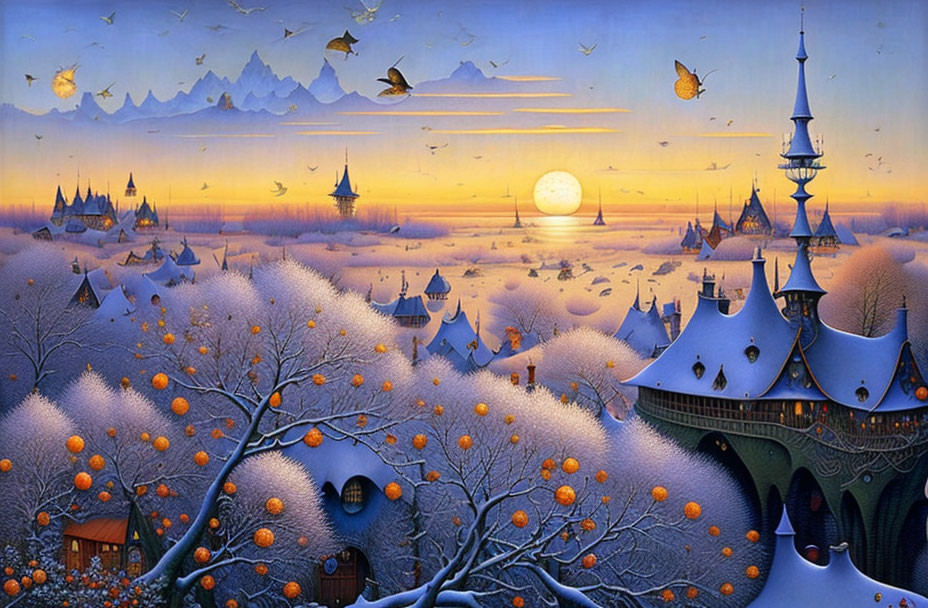 Winter sunset scene with castles, snow-covered trees, and vibrant sky