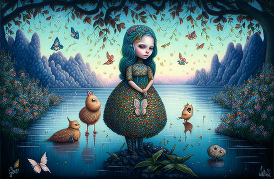 Fantastical girl with blue hair by pond with surreal creatures and starlit sky