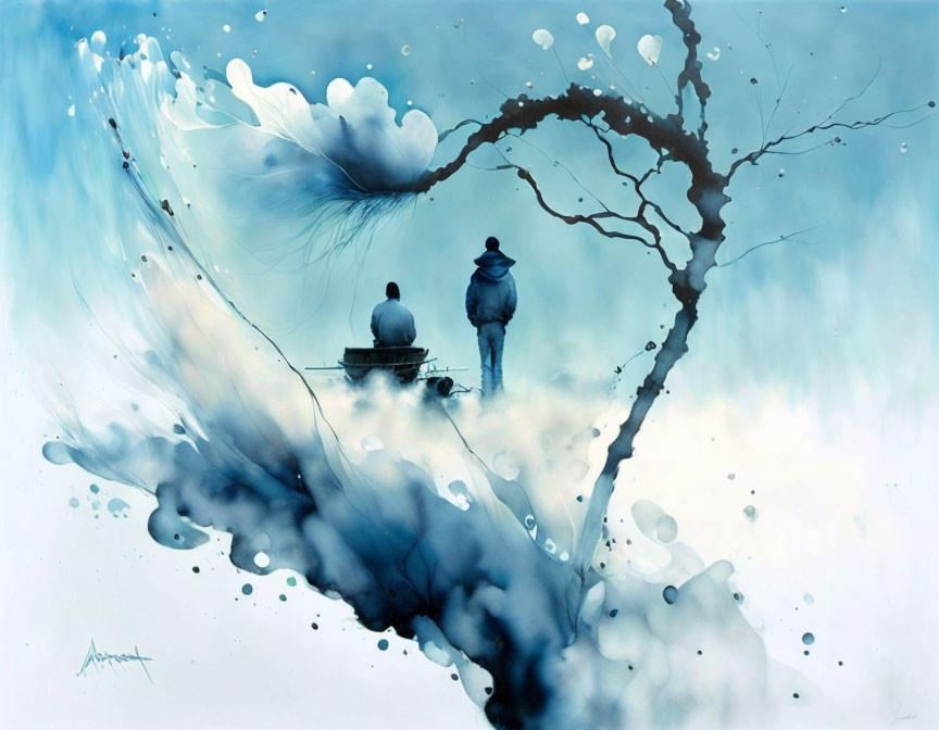 Two people on a boat under heart-shaped tree branches in a dreamy watercolor scene