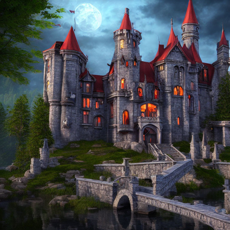 Medieval castle at dusk with illuminated windows in forest setting