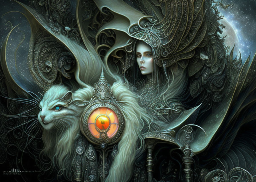 Mythical illustration of ethereal woman in intricate armor with white cat against cosmic backdrop